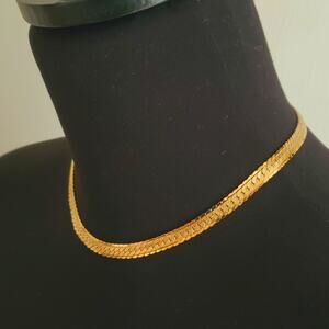 Monet Herringbone Necklace Gold Tone Chain Collar Designer Choker Vintage 1980s
